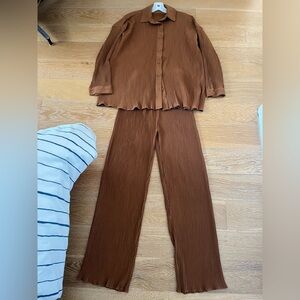 Boohoo Brown Ribbed Pants & Shirt Set